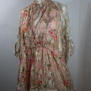 Hemant & Nandita Pink and Gold Floral Chiffon Dress